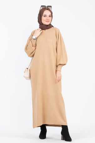 Balloon Sleeved Tricot Dress-Camel