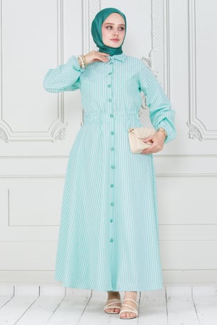 Buttoned Striped Dress-green color