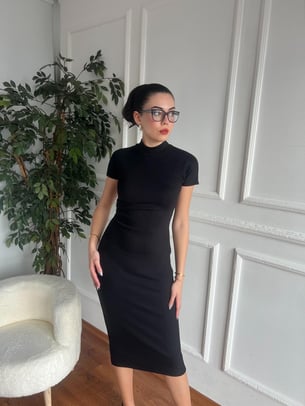 Streç Örme Midi Elbise 91297 Siyah