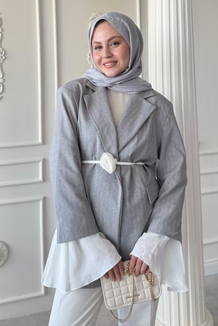 Çizgili Kolları Volanlı Gri Blazer Ceket