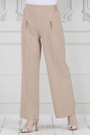 Pile Detaylı Üç Düğmeli Pantolon-Bej