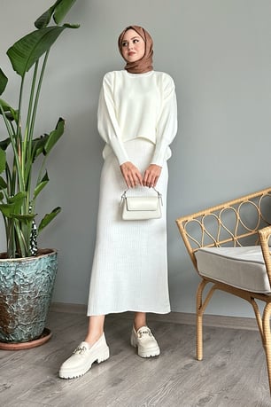 Balloon Sleeve Dress White Knit Set