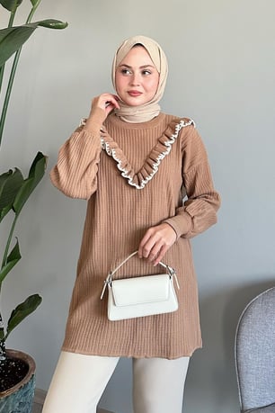 Fırfırlı Dikiş Detay Camel Triko Kazak