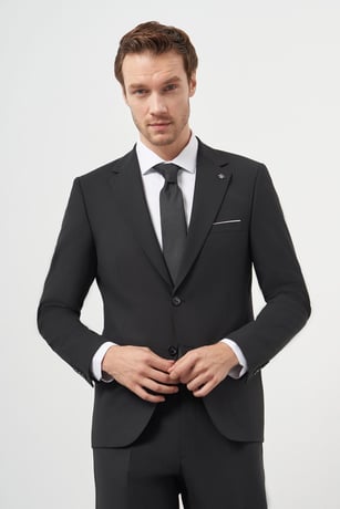 Morven Erkek Siyah Yünlü Slim Fit Mono Yaka Takım Elbise