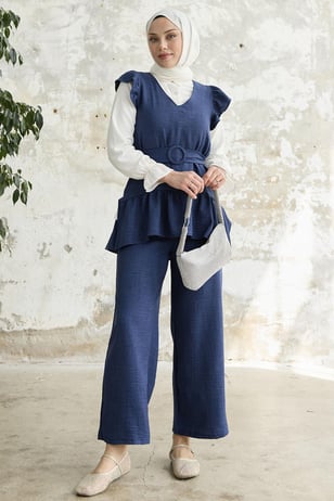 Triple Frilled Shoulder Navy Blue Set