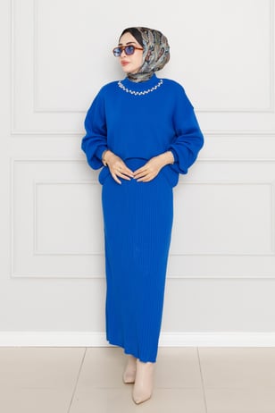 Pearl Detailed, Knit Dress-bleu color
