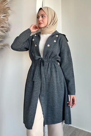 Düğme Detay Bağcıklı Gri Triko Hırka