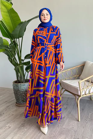 Striped Belted Orange Viscose Dress