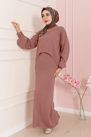 Pearl Detailed, Knit Dress-rose  color