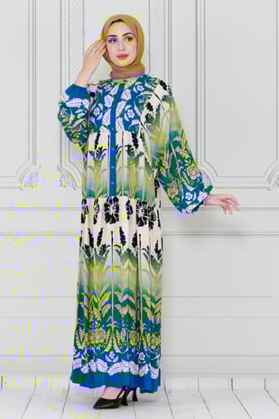Leaf printed viscose dress-bleu color