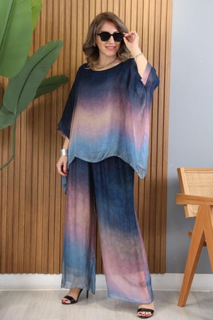 Lacivert Batik Desen İthal İpek Takım