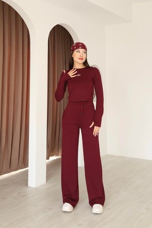 Bordo Muadil Parmak Geçmeli Bluz Pantolon Takım-İGNİTES-00013