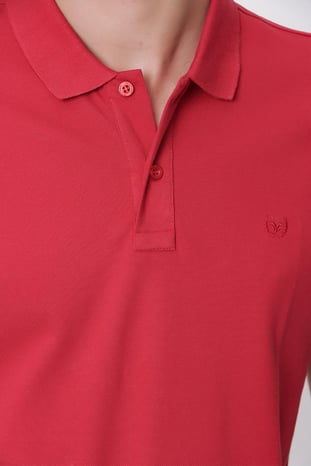 Erkek Kırmızı Basic Düz %100 Pamuk Slim Fit Dar Kesim Kısa Kollu Polo Yaka Tişört
