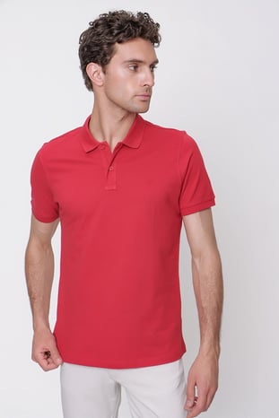 Erkek Kırmızı Basic Düz %100 Pamuk Slim Fit Dar Kesim Kısa Kollu Polo Yaka Tişört