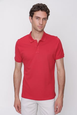 Erkek Kırmızı Basic Düz %100 Pamuk Slim Fit Dar Kesim Kısa Kollu Polo Yaka Tişört