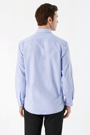 Erkek Mavi Slim Fit Dar Kesim Düz Sert Yaka Uzun Kollu Gömlek