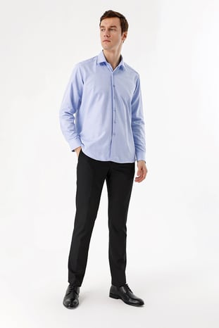 Erkek Mavi Slim Fit Dar Kesim Düz Sert Yaka Uzun Kollu Gömlek