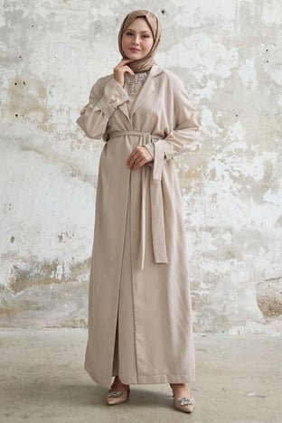 Stone Detailed Linen Dress Beige Set