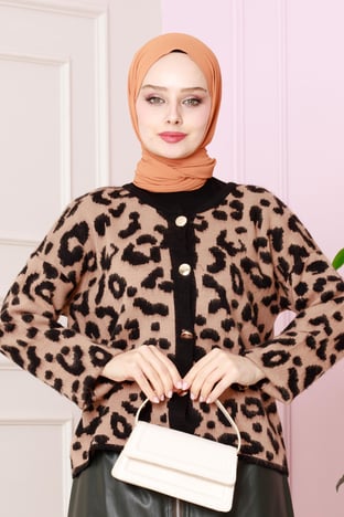 Leopard Short Cardigan - mink color