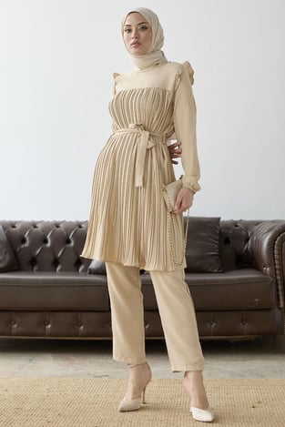 Front Pleated Ruffle Detail Beige Suit