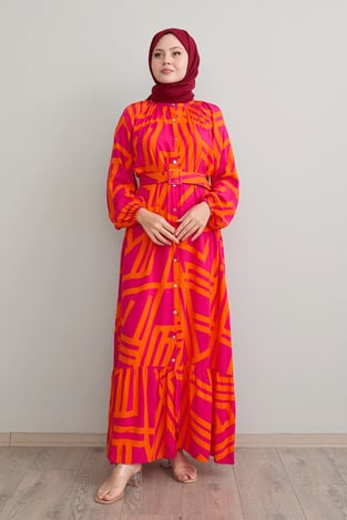 Striped Belted Fuchsia Viscose Dress