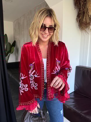 Kadife Üzeri İşlemeli , Bordo Kimono