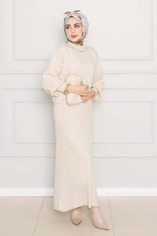 Pearl Detailed, Knit Dress-beige color