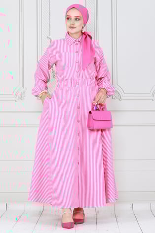 Boydan Düğmeli Çizgili Elbise-Pembe