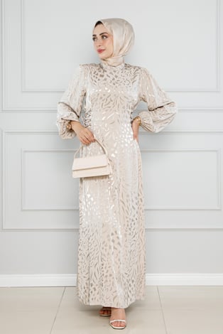 Satin hijabi evening dress-beige color
