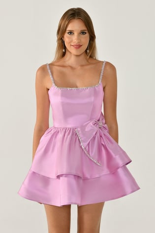 Alfa Beta Alfa Beta Kadın Mini Boy Desenli İp Askılıklı Şifon Kumaş Pembe Abiye & Mezuniyet Elbisesi AB6572-PEMBE