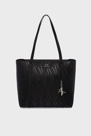 ARMANI EXCHANGE Armani Exchange Kadın AX Yazı Desenli Deri Gümüş Aksesuar Detaylı Geniş Siyah Omuz Çantası XW001199 AF15325-FC099