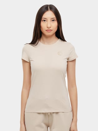 ARMANI EXCHANGE Armani Exchange Kadın Pamuklu Altın Metal Logo Baskılı Kısa Kollu Yuvarlak Yaka Bej T-Shirt XW000320 AF10356-U1095