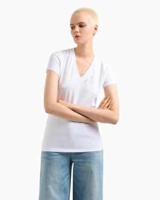 ARMANI EXCHANGE Armani Exchange Kadın Kısa Kollu V Yaka Dokuma Kumaş Beyaz T-Shirt XW000600 AF10355-U0002