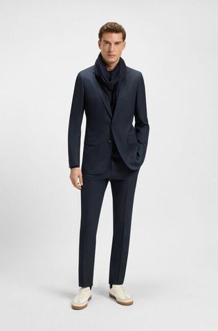BOSS BOSS Erkek Saf Yün, İpek ve Keten Karışımlı Fit Kesim Tamamen Astarlı Lacivert Takım Elbise 50549196-408