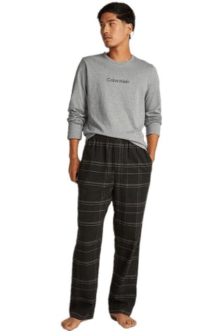 Calvin Klein Calvin Klein Erkek Beli Lastikli Uzun Boy Uzun Kol Ekose Desenli Bisiklet Yaka Gri Pijama Takımı 000NM2765E-SX7