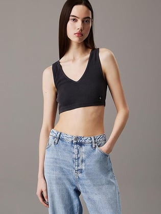 Calvin Klein Calvin Klein Kadın Crop Boy Dar Kalın Askı Pamuklu Esnek Kumaş Siyah Bluz J20J225246-PT2