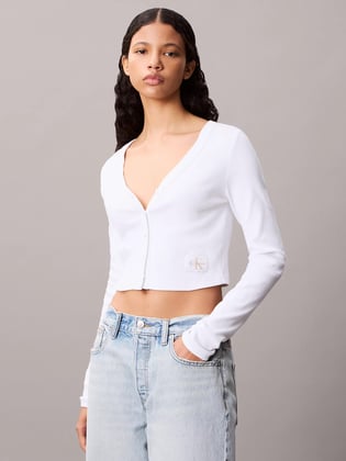 Calvin Klein Calvin Klein Kadın Örme Triko Normal Kalıp Düğme Kapamalı Uzun Kollu Crop Beyaz Bluz LV047C204G-YAA