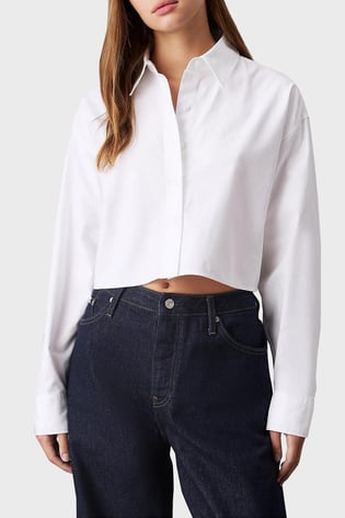 Calvin Klein Calvin Klein Kadın Pamuklu Rahat Kesim Düz Gömlek Yaka Crop Beyaz Gömlek J20J225079-YAF