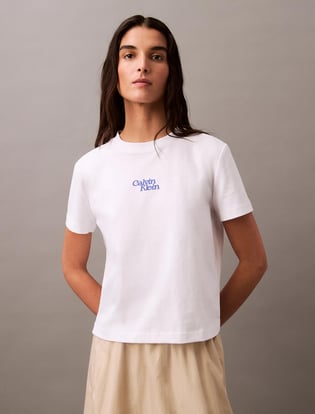 Calvin Klein Calvin Klein Kadın Regular Fit %100 Pamuklu Desenli Kısa Kollu Beyaz T-Shirt LV047B851G-YAA