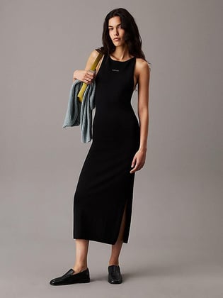 Calvin Klein Calvin Klein Kadın Uzun Boy Yandan Yırtmaç Dar Yuvarlak Yaka Siyah Elbise J20J225296-BEH