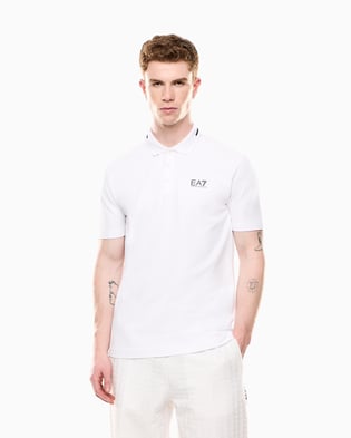 Ea7 Ea7 Erkek Regular Fit Esnek Pamuklu Pike Kumaş Yakası Desenli EA7 Logolu Kısa Kollu Beyaz Polo Yaka T-Shirt 7M000184 AF13511-U0002
