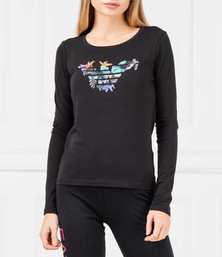 Ea7 Ea7 Kadın Çiçek Desenli Pamuklu Yuvarlak Yaka Siyah T-Shirt 6GTT20 TJ12Z-200