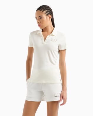 Ea7 Ea7 Kadın Gold İşlemeli EA7 Logolu Polo Yaka Kısa Kollu Beyaz Polo Yaka T-Shirt 7W000266 AF12500-U0005