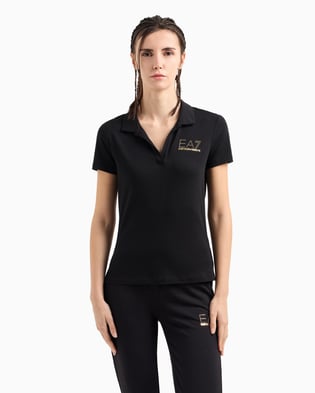 Ea7 Ea7 Kadın Gold İşlemeli EA7 Logolu Polo Yaka Kısa Kollu Siyah Polo Yaka T-Shirt 7W000266 AF12500-UC001