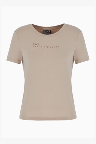 Ea7 Ea7 Kadın Kısa Kollu Bisiklet Yaka EA7 Yazı Desenli Bej T-Shirt 7W000274 AF12945-U6155