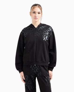 Ea7 Ea7 Kadın Normal Kesim Metalik Grafik Desen Baskılı Pamuklu Kapüşonlu Fermuarlı Uzun Kollu Siyah Sweatshirt 7W000479 AF13135-UC001