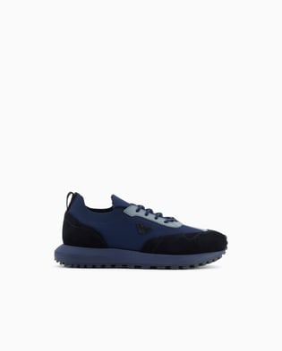 EMPORIO ARMANI Emporıo Armani Erkek Örme ve Süet Detaylı Burunlu Kartal Logolu Yuvarlak Mavi Sneaker EM003739 AF19724-MC038