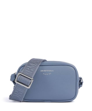 EMPORIO ARMANI Emporıo Armani Kadın Deri Tek Fermuar Kapamalı Askı Marka Yazı Desenli Mavi-Gri Omuz Çantası EW000537 AF12036-M8128