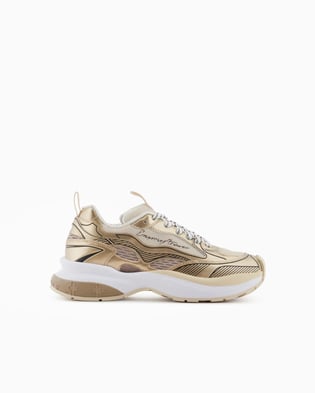 EMPORIO ARMANI Emporıo Armani Kadın Kalın Taban Şerit Çizgi Desenli Renkli Bağcık Gold Sneaker X3X238 XR388-00194