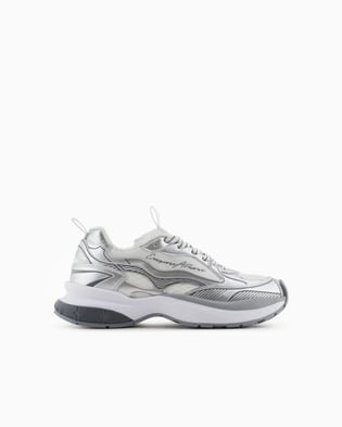 EMPORIO ARMANI Emporıo Armani Kadın Kalın Taban Şerit Çizgi Desenli Renkli Bağcık Gümüş Sneaker X3X238 XR388-00520